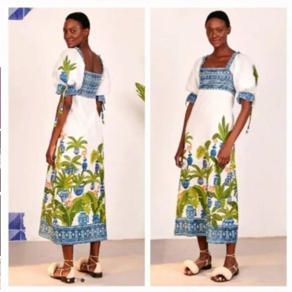 Farm Rio Vase Forest Print Smocked Maxi Dress Tropical Blue Floral Size Medium - Picture 1 of 13
